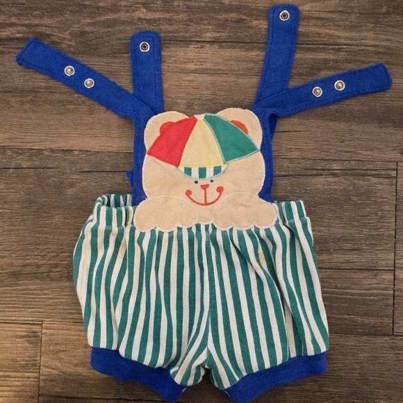 Vintage 3-6 Months Striped Bear Romper Green Blue Snap Closure - Picture 4 of 4